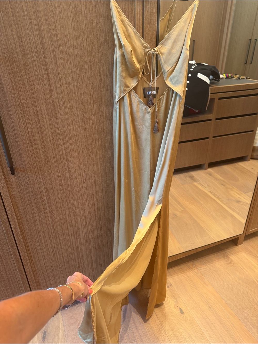 Reformation Gold Satin Slip Maxi Dress with Tie Front - Picture 3 of 5